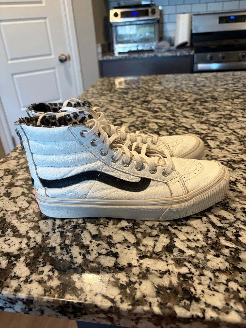 Vans White High-Top Sneakers with Black Stripe and Leopard Lining